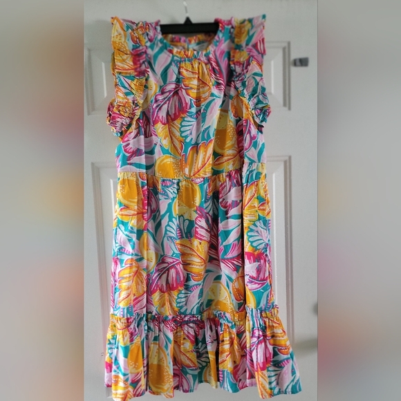 Crown & Ivy Vibrant Floral And Oranges Midi Dress - Pink, Yellow, Green - Picture 1 of 7